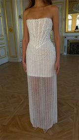 Kyoto Customized Ivory Shiny Sequins Strapless Wedding Dress Column Beaded vestidos de novia Floor-Length Lace-Up Formal Evening