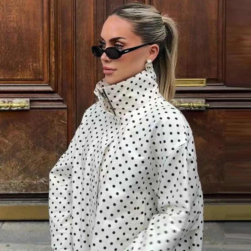 HXAO Polka Dot Bomber Jacket – Women's Zip-Up Coat