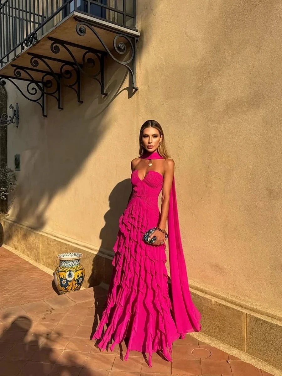Halter Sweetheart Ruffle Chiffon Evening Gown | Maxi Dress