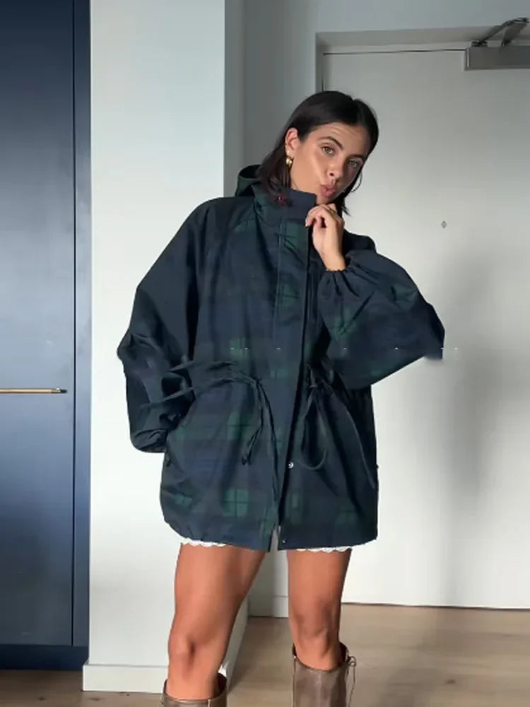 Vintage Plaid Oversized Hoodie Jacket for Women