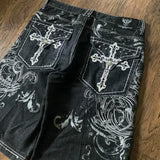 Men’s Y2K Gothic Embroidery Denim Shorts – Oversized Hip Hop Loose Fit