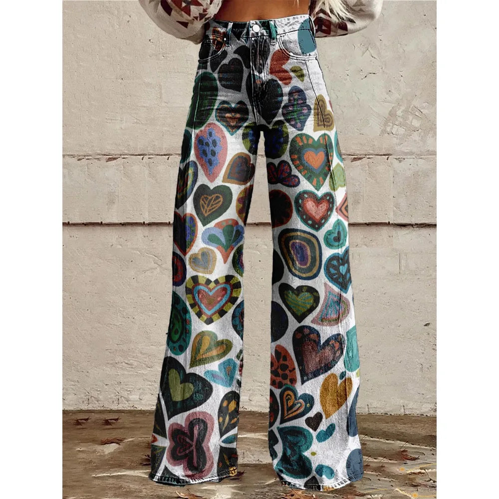 Pop Art Heart Wide-Leg Flare Pants