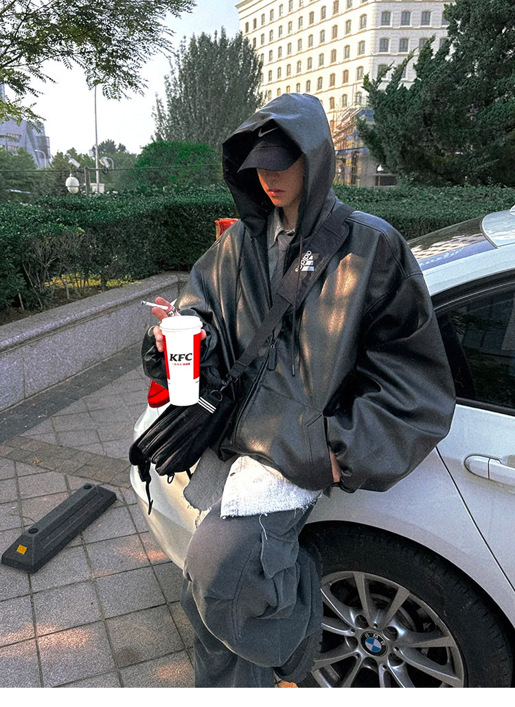 Men’s Oversized Hooded Faux Leather Jacket