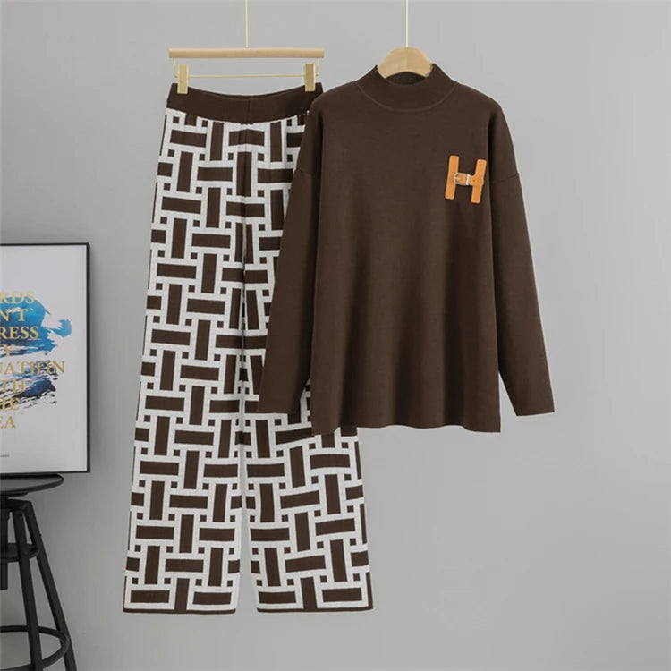 Women’s Autumn Color-Block Knit Set | Loose Split Top & Wide Leg Pants