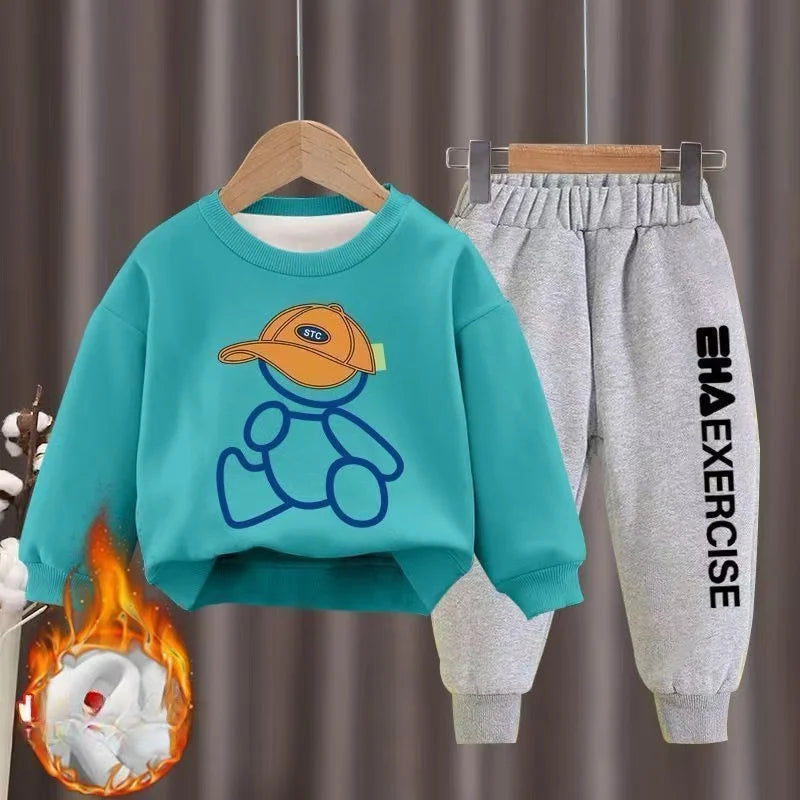 Kids' Winter Cartoon Bear Fleece Tracksuit
