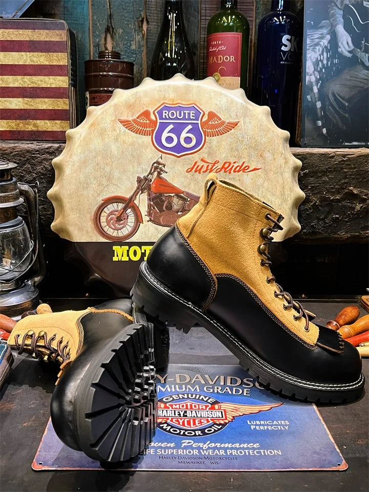 KOWM Hiking shoes men's cowhid boots British leather trekking shoes thick soled ankle sneakers cowhide high top motorcycle boots