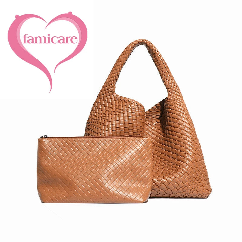 2025 Women Bag Luxury PU Leather Handbag Lady Fashion Handmade Knitting Tote Female Hand-woven Basket Shoulder Bag with Purse