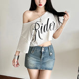 KSylCue Letter Print Off-Shoulder Crop Top