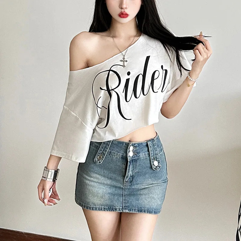 KSylCue Letter Print Off-Shoulder Crop Top