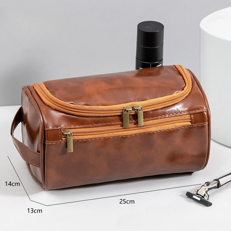 Leather Travel Toiletry Bag for Men Women, Large Capacity Cosmetic Organizer with Hanging Hook, Waterproof Makeup Storage Bag Po