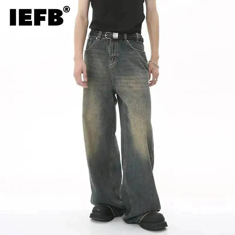 Men's Washed Blue Loose Straight-Leg Jeans