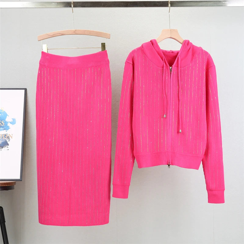 2025 new women's Knitted Cardigan High Waisted Buttocks Wrapped  Skirt 2 Piece Suits Luxury Hot Diamond Fashion Sets