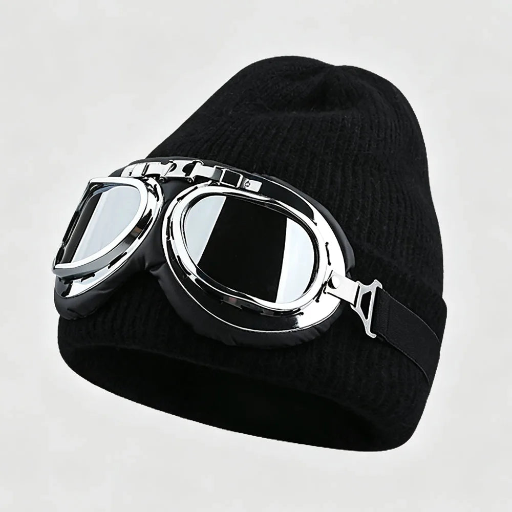 winter Fuzzy White Knitted Beanie Hat with Glasses Outdoor Winter Skiing Windproof Thermal Skullies Bonnet Ski Goggles Decor