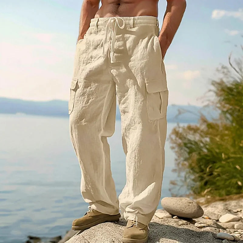 Men's Linen Blend Drawstring Straight-Leg Pants