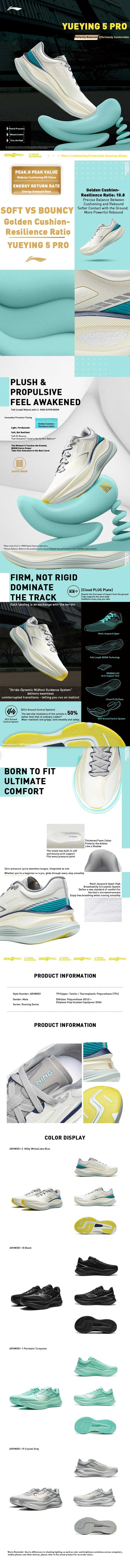 LiNing Men's YUEYING 5 PRO Optimized Cushion Running Shoes with Wide Toe Box SUPER BOOM LiNing Sneakers ARHV013 ARHW001