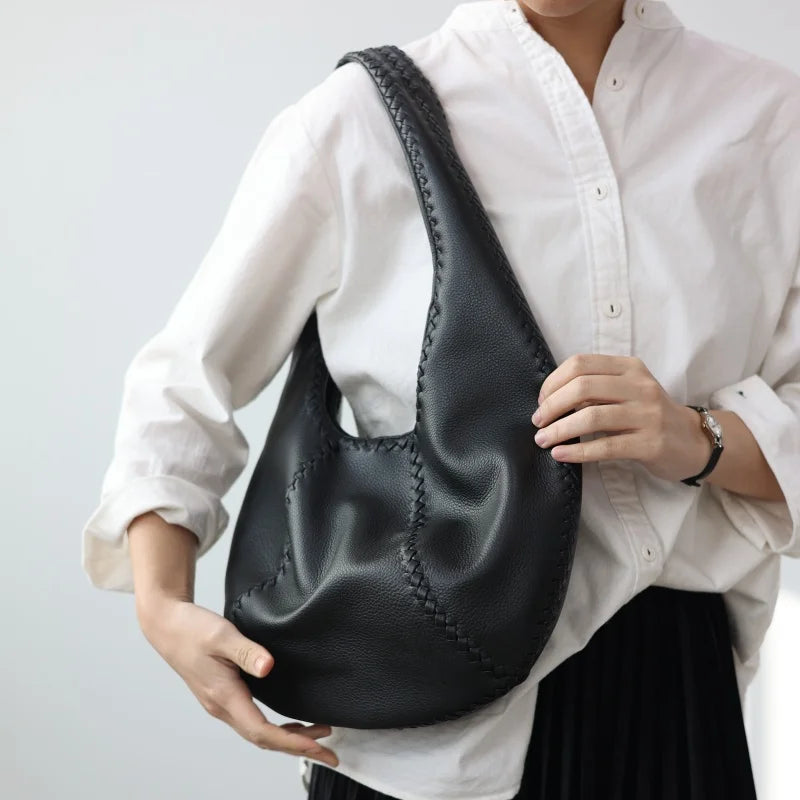 JAZZQ Soft Cowhide Leather Hobo Tote | Hand-Woven Detail