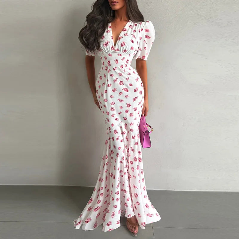 Print Chiffon Long Dress Women V Neck Half Sleeves High Waist Ruffles Belts Split Robe Female 2026 Summer Chic Vacation Dresses