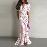 Print Chiffon Long Dress Women V Neck Half Sleeves High Waist Ruffles Belts Split Robe Female 2026 Summer Chic Vacation Dresses
