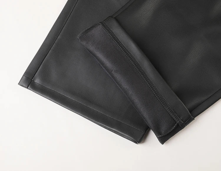 Women's High Waist Faux Leather Wide Leg Fleece Pants