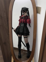 Women‘s Lolita Set Dark Femme Mesh Top & Waist Cinching Skirt, 2025 Autumn Japanese Street Style Coord for Gothic Baddie Fashion