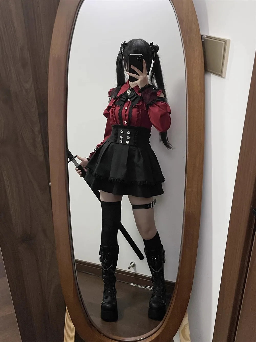 Women‘s Lolita Set Dark Femme Mesh Top & Waist Cinching Skirt, 2025 Autumn Japanese Street Style Coord for Gothic Baddie Fashion