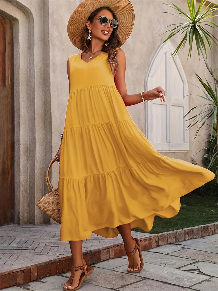 Elegant V-Neck Ruffle Summer Maxi