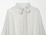 ETJ Women's Polka Dot Blouse Skirt Set 2026 Spring High Neck Batwing Sleeve Sheer Front Tie Bow Midi A-Line Dress Set