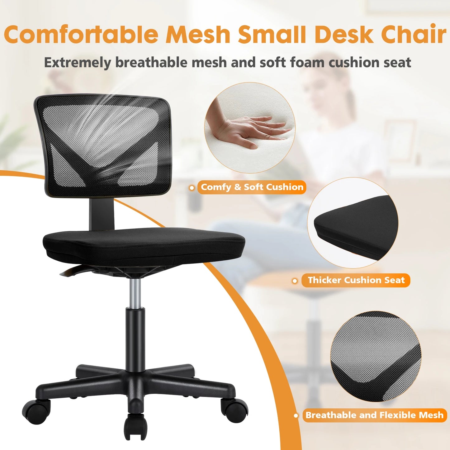 JHK Armless Mesh Office Chair | Lumbar Support & 360° Swivel