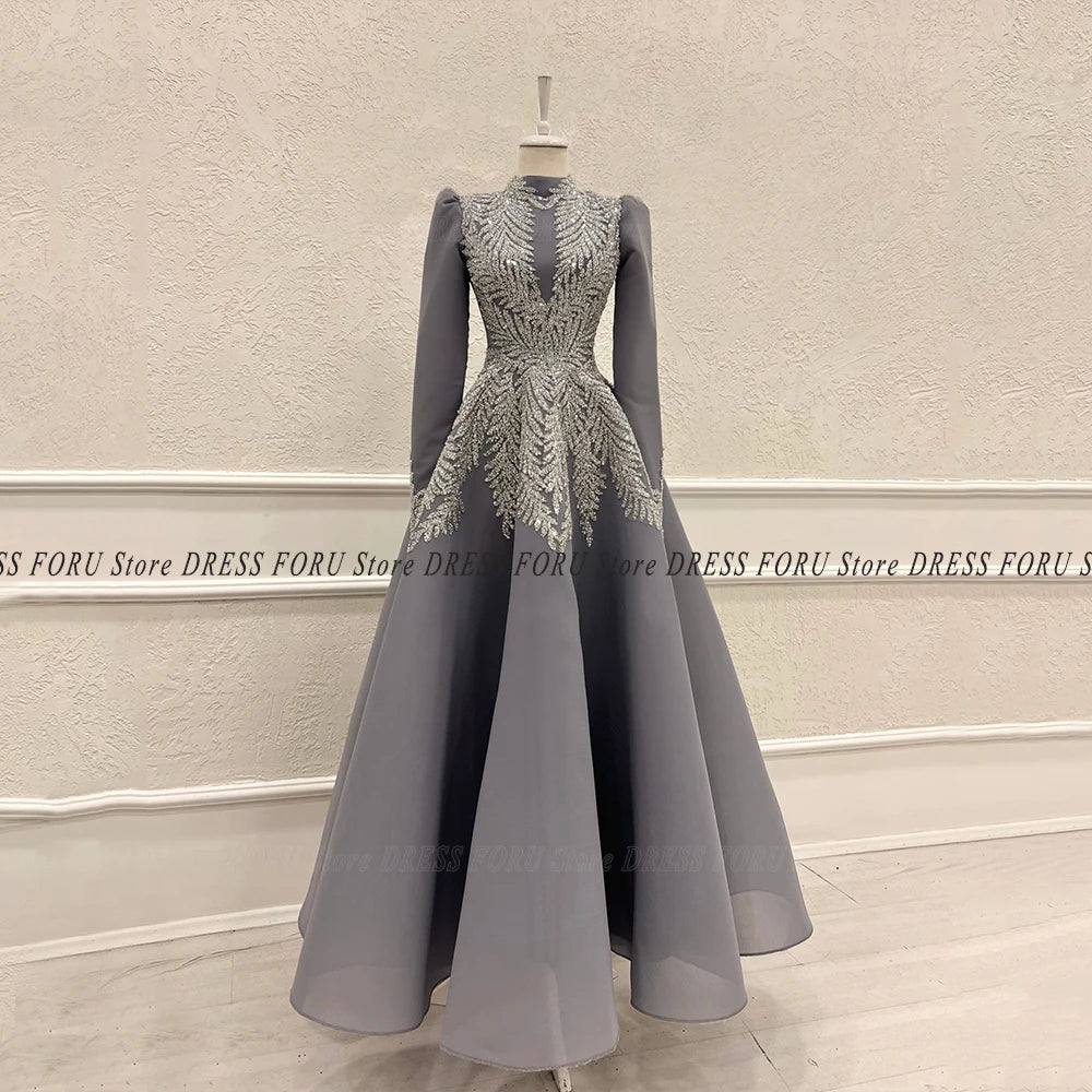 Elegant Muslim Evening Dress For Woman Luxury Long Sleeve Shine Bead Applique Formal Prom Wedding Party Custon Gown A Line
