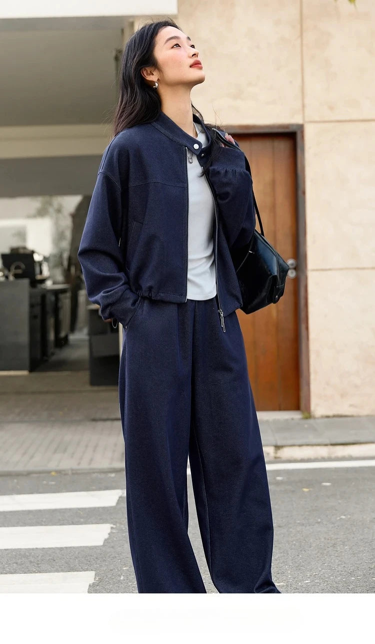 VIMLY 2 Piece Pant Set Woman Casual Outfits Women's Pant Suit 2026 Blue Stand-up Collar Jacket and Trouser Female Clothing A0119