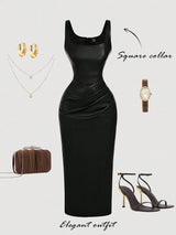 Women's Elegant Burgundy Sleeveless Fitted PU Dress