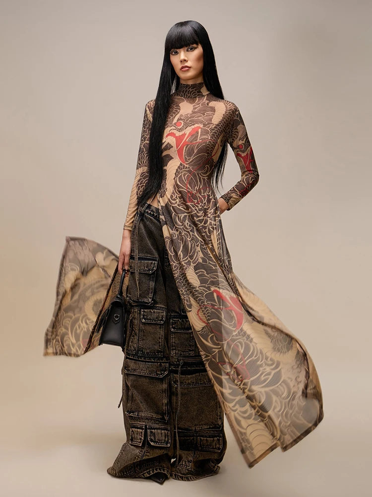 Women's Print Stand Collar Long-Line Slim Dress
