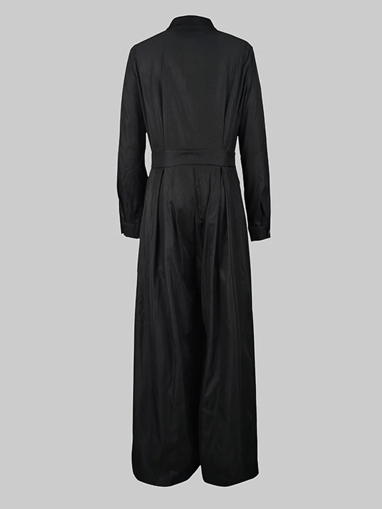 High-Waisted Wide Leg Jumpsuit - Half-Collar Long Sleeve One-Piece