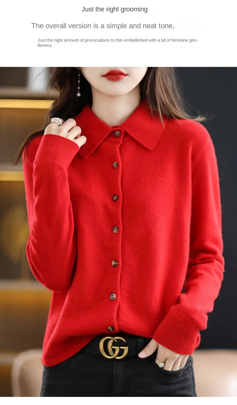 Polo Collar Spun Wool Cardigan – Elegant Single-Breasted Knit Jacket