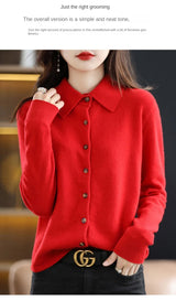 Polo Collar Spun Wool Cardigan – Elegant Single-Breasted Knit Jacket
