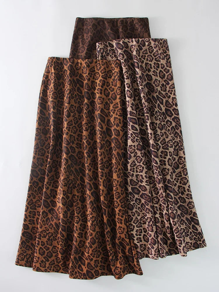 Leopard Print Suede Maxi Skirt – Women's Autumn Winter