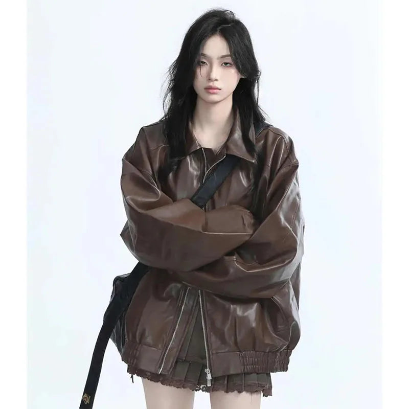 Women's Retro Faux Leather Zip-Up Jacket