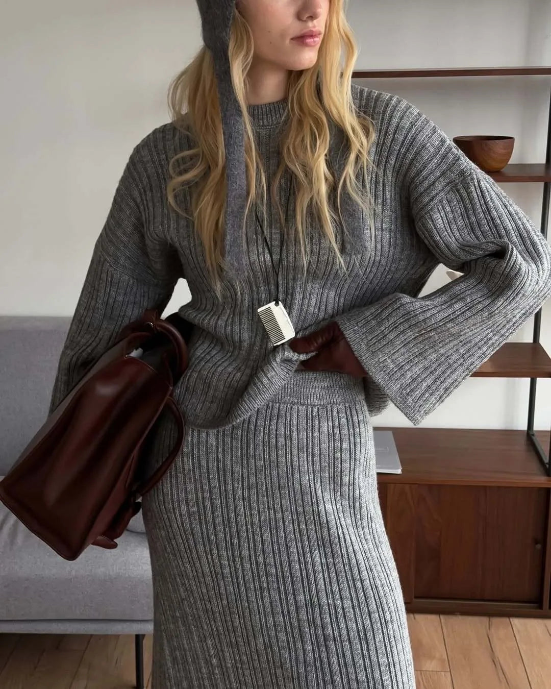 Hirsionsan Sexy Soft Elegant Vintage Women Suits 2 Pieces Female Sets Polo Neck Cardigan Sweater & Midi Dress Knitted TrackSuit