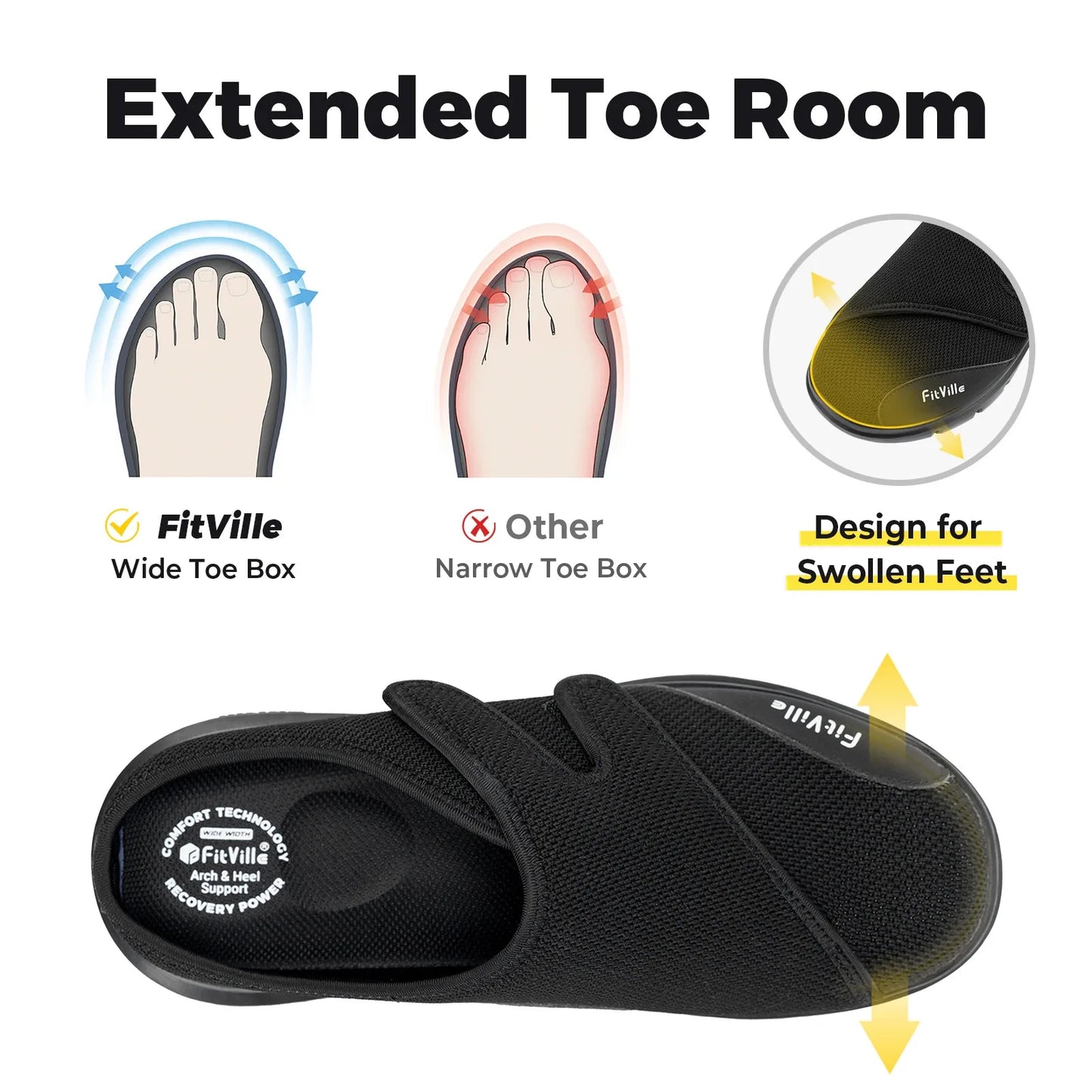 FitVille Men'S Half Slippers Diabetic Shoes Extra Wide 4E Adjustable Lightweight Casual Shoe For Swollen Feet Plantar Fasciitis