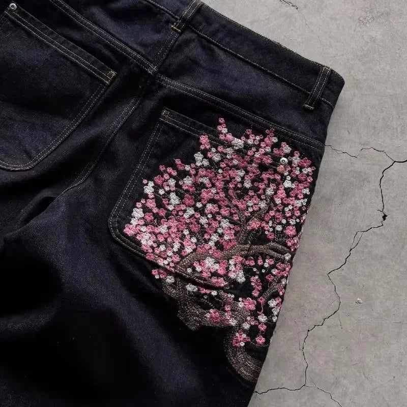 Y2K Harajuku Wide-Leg Jeans | Vintage Plum Blossom Embroidery