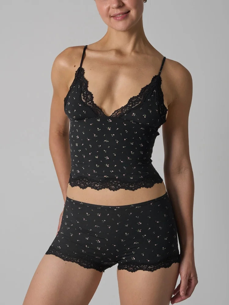 Europe American Simple Pink Light Thin Lace Strap Tank Top Flat Corner Lace Underwear for Women Comfortable Stretchy Short Sets