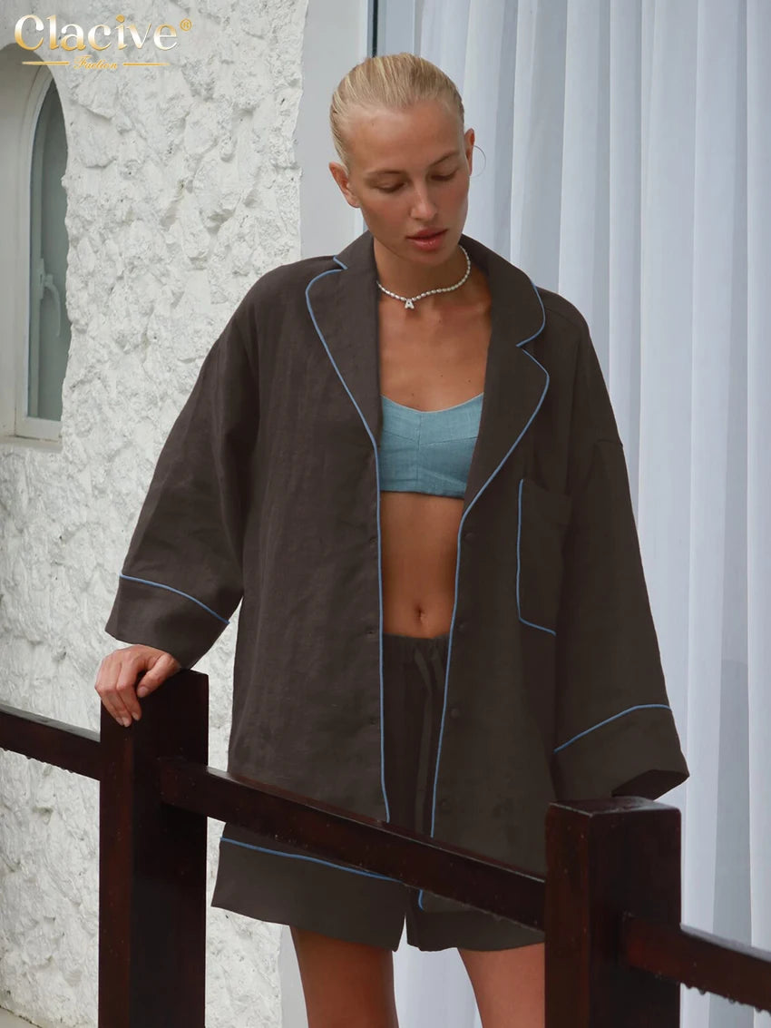 Clacive Fashion Loose Blue Cotton Home Women's Two Pieces Set 2025 Elegant Long Sleeve Shirt With High Waist Shorts Set Female