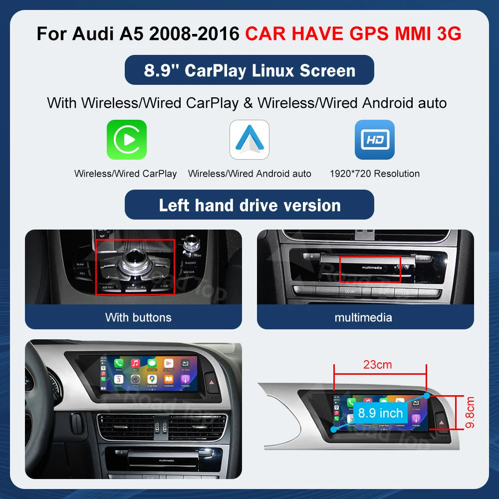 Road Top Touchscreen Display for Audi A5 S5 | CarPlay & Android Auto