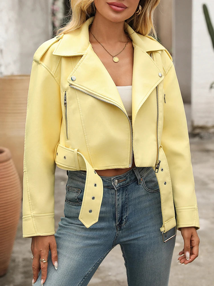 Ailegogo Spring Autumn Women Faux Pu Leather Short Jacket with Belt Motorcycle Biker Female Zipper Lapel Loose Coat Outwear