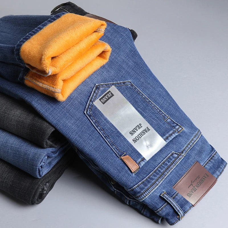 Brand Men Jean Warm Autumn Winter Loose Straight Jeans Male Casual Fleece Lined Thickened Denim Pant Elastic Waist High Trousers
