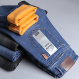 Brand Men Jean Warm Autumn Winter Loose Straight Jeans Male Casual Fleece Lined Thickened Denim Pant Elastic Waist High Trousers