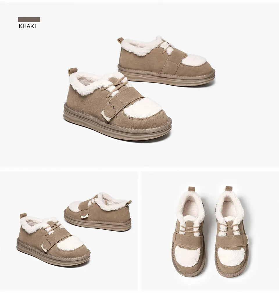 BeauToday Furry Flats Women | Cow Suede Warm Shoes