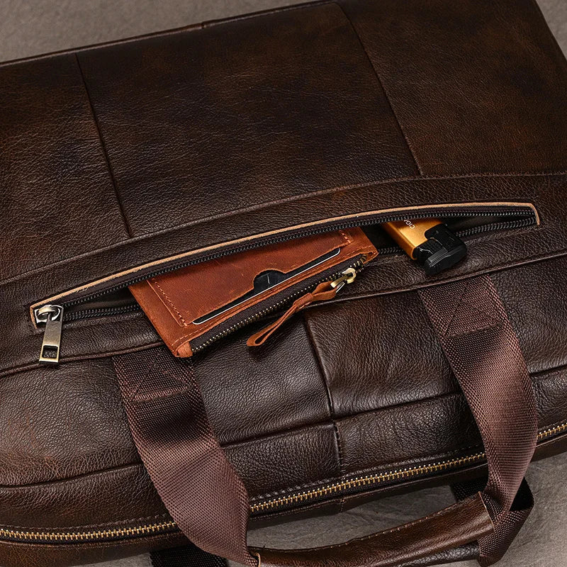 Luufan Genuine Leather Men's Business Handbag 15" Laptop Briefcase Bag Male A4 Document Shoulder Message Computer Bag Work Tote