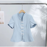2026 Spring Summer Short Puff Sleeve Frog Button Shirt For Women Stand Collar  Single Breasted Blouse Lady Chic Street Party Top