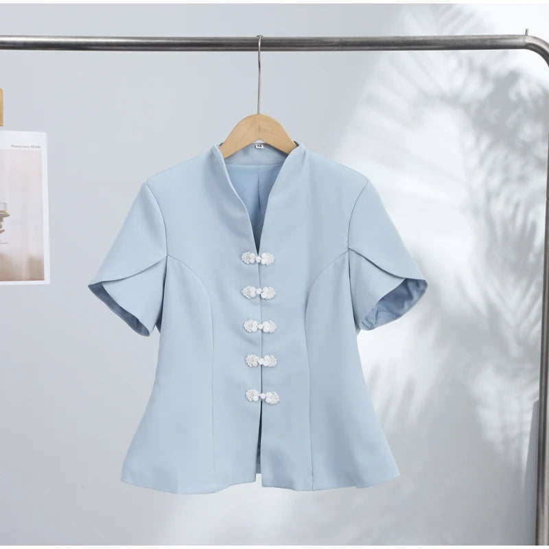 2026 Spring Summer Short Puff Sleeve Frog Button Shirt For Women Stand Collar  Single Breasted Blouse Lady Chic Street Party Top